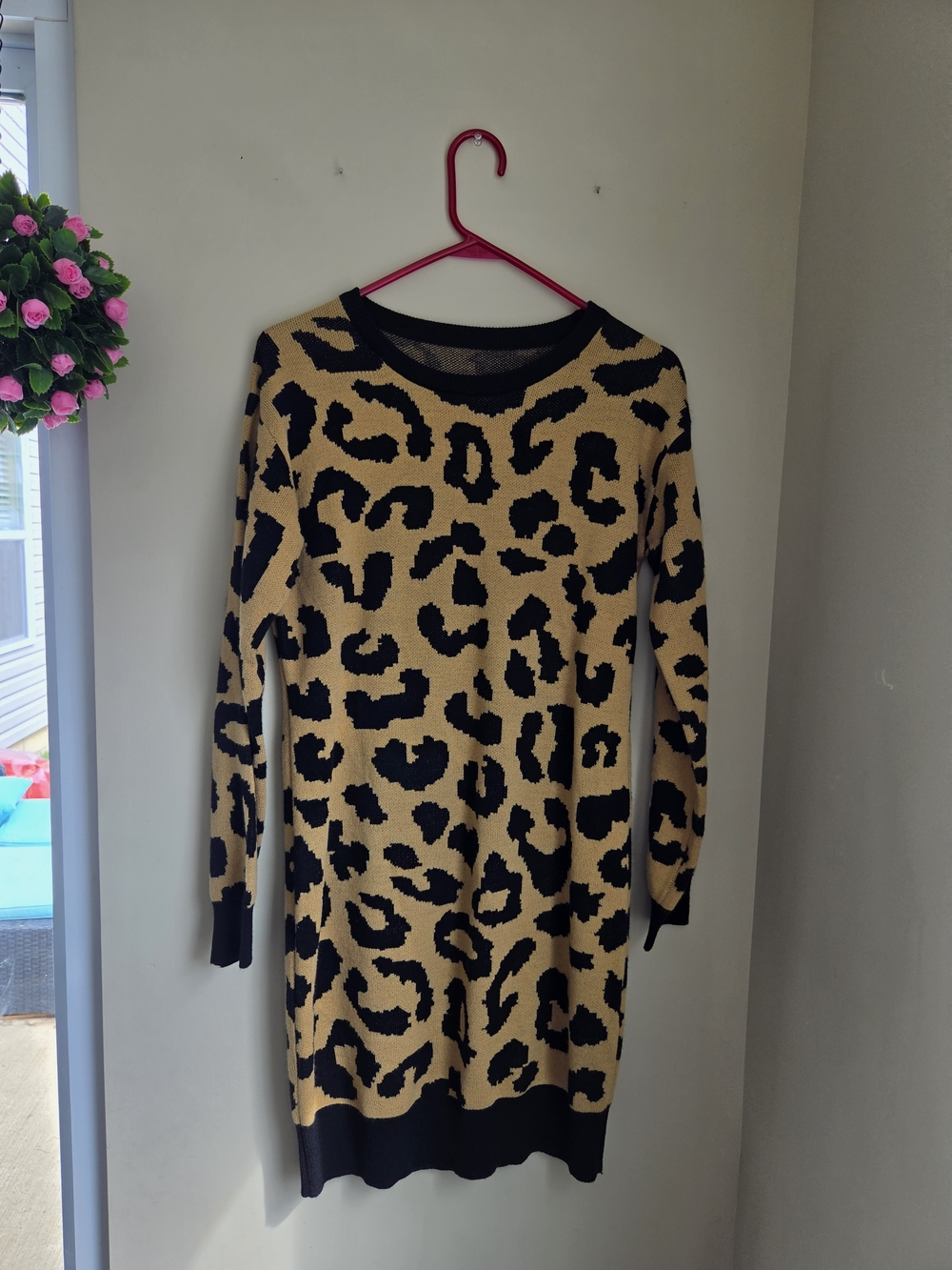Women's Black and Tan Leopard Print Sweater Dress Medium